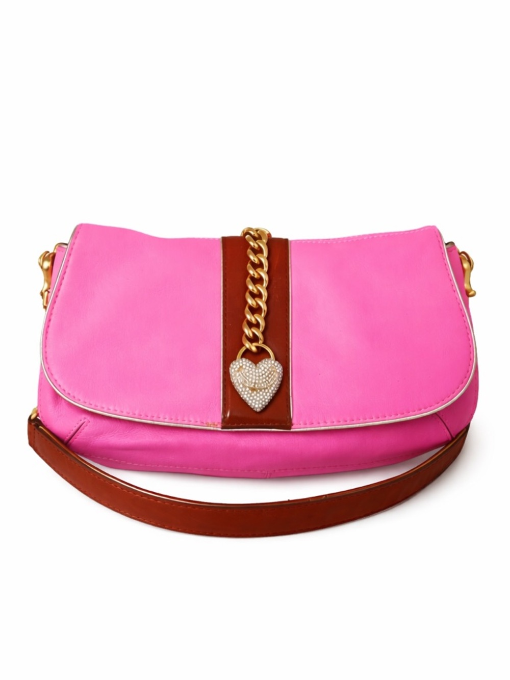 Y2K Juicy Couture Barbie Pink Leather Flap Shoulder Bag with Crystal Heart